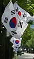 a series of South Korean flags flying on a street