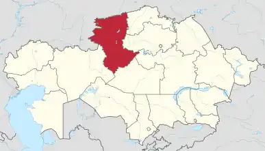 Map of Kazakhstan, location of Kostanay Province highlighted