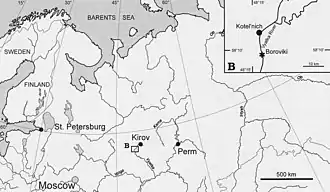 Map showing the Kotelnich locality in Russia where Nochnitsa was found