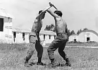 Two figures practicing the martial art Krav Maga