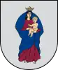 A coat of arms depicting a woman clothed in blue and brown wearing a golden crown and carrying a baby all on a grey background