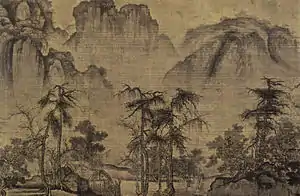 Guo Xi, Clearing Autumn Skies over Mountains and Valleys, ink and light lolor on silk, China. Northern Song dynasty c. 1070, detail from a horizontal scroll.