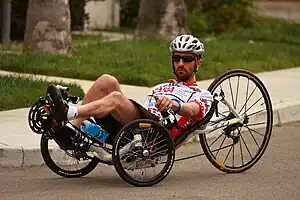 Photo of Kyle Bryant training on his recumbent bicycle