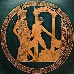 Tondo of the Aison Cup, showing the victory of Theseus over the Minotaur in the presence of Athena.