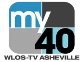 A rounded rectangle divided into blue and gray parts with the word "my" in white and a black "40" in the lower right. Beneath is the text "W L O S - T V Asheville".