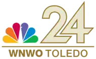 The NBC peacock next to a gold 24 in a geometric sans serif. Beneath is a horizontal line and the words W N W O Toledo in a sans serif, the former slightly bolder.