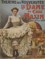 Theatre poster depicting a young white woman in late 19th-century costume showing what at the time would be thought a risqué amount of bare leg