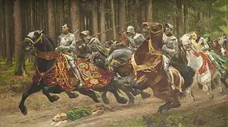 Charles the Bold and his men fleeting on horses