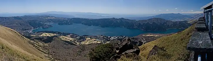 Lake Ashi viewed from the central cone of Mt. Komagatake's  lava dome.