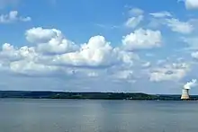 A bright blue lake with a line of trees along the horizon, interrupted only by a cooling tower for the nuclear power plant in Russellville, and puffy white clouds in the blue sky