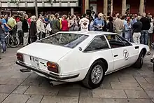 Early Lamborghini Jarama rear view, showing Miura-style knock off magnesium wheels