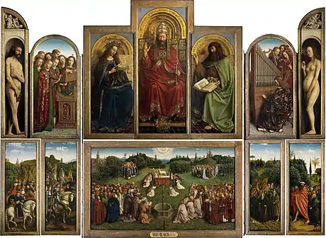 The Ghent Altarpiece; by Jan and Hubert van Eyck; 1432; oil on oak wood; 3.4 m × 4.6 m (opened like in this image); St Bavo's Cathedral (Ghent, Belgium)