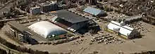 Lansdowne Park, as seen from the air before redevelopment. The field was covered to allow for use during the winter months