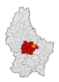 Map of Luxembourg with Larochette highlighted in orange, and the canton in dark red