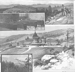 Partial page from Harpers's Weekly, 1890, describing Las Vegas Hot Springs (now Montezuma, NM). Upper image is "Mountain View near the Springs". First inset is "Taking a Mud Bath". Third image is "The Montezuma", and the top of "View in the Cañon" appears to the lower left.