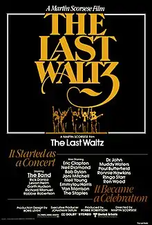 A poster with The Band standing in silhouette, surrounded by extensive credits of the guest musicians and an elaborate logo