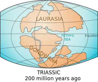 World map showing the continents circa 200 million years ago (Triassic period)