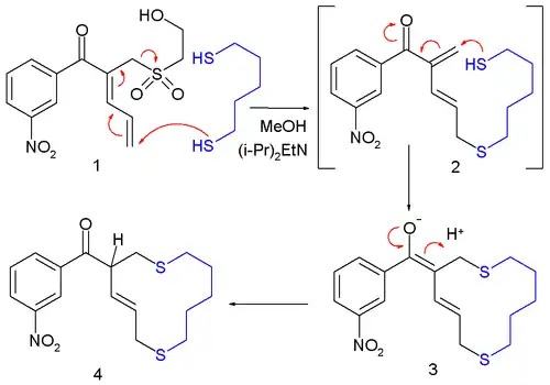 A macrocyclization: a 1,5-pentanedithiol terminus attacks the butadiene tail of a 1-substituted 2,4-pentadien-2-yl aryl ketone.  Instead of forming an enol, the compound undergoes an allylic shift, expulsing the 1-substituent and leaving a 5-thioether 1,3-pentadien-2-yl ketone.  The other end of the thiol then adds to the ketone in conjugate.