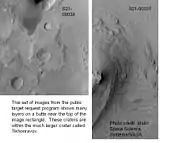 Layers in an old crater in Arabia, as seen by MGS, under the MOC Public Targeting Program. Layers may form from volcanoes, the wind, or by deposition under water. The craters on the left are pedestal craters.