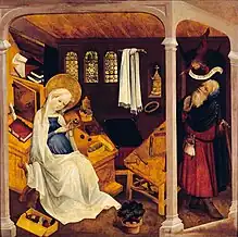 Discovering his wife pregnancy and doubting her faithfulness before being reassured by an angel, Upper Rhenish Master, c. 1430