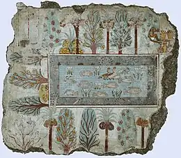 Fresco which depicts the pool in Nebamun's estate garden; c. 1350 BC; painted plaster; height: 64 cm (maxim); British Museum (London)