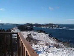 View of the small islands from the top of a lookout point at Leading Tickles