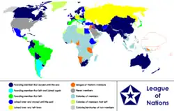 Anachronous world map showing member states of the League during its 26-year history