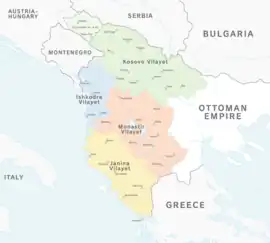 The 4 Ottoman vilayets (Kosovo, Scutari, Monastir and Ioannina), proposed to form the Albanian Vilayet.