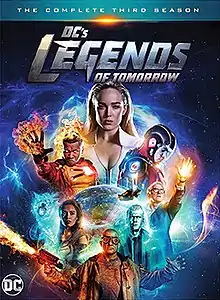 The Legends in a diamond shape against a blue and black background. From top to bottom, Sara Lance, Ray Palmer, Jefferson Jackson, Martain Stein, Amaya Jiwe.  Text reading: The complete third season. DC's Legends of tomorrow