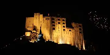 Leh Palace lit at night during the Galdan Namchot festival.