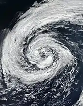 Satellite image of Leslie over the open Northern Atlantic on 27 September, as a weakening hurricane-force extratropical cyclone.