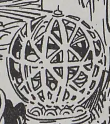 An elaborate, ball-shaped object. Apparently hollow, its shape is like a lattice. It is topped with a node. It seems to rest in some sort of base for itself, so it can be placed on a flat surface.