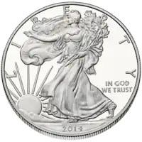 The obverse of the American Silver Eagle, a silver bullion coin in current production, from a design by Adolph A. Weinman