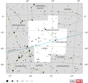 Diagram showing star positions and boundaries of the Libra constellation and its surroundings