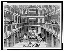 A drawing showing the interior of a multistory library