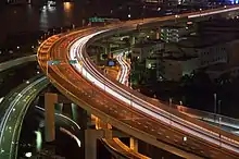 Elevated roads lit up at night