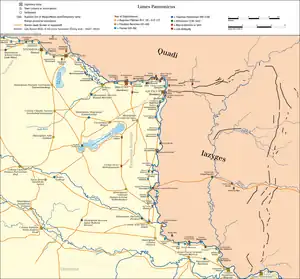 Map showing the Roman border along the Danube with towns, forts and roads. It stretches from Vindobona (modern Vienna) in the north through Aquincum (Budapest) in the centre to Colonia Singidunum (Belgrade) in the south. The later Roman walls of the Limes Sarmatiae are marked on the eastern side of the Danube in the territory of the Iazyges.