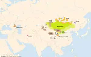 Topographic map showing Asia as centered on modern-day Mongolia and Kazakhstan. Areas are marked in multiple colors and attributed some of the language names of Mongolic languages. The extent of the colored area is somewhat less than in the previous map.