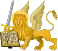 Part of Venice's coat of arms: a winged lion holding a sword upright and showing an opened book with the words: "Pax tibi, Marce, evangelista meus."