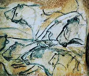 Upper Paleolithic cave painting depicting cave lions, found in the Chauvet Cave, France