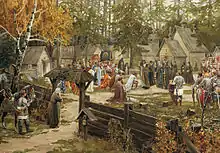 Sergius of Radonezh blessing Dmitri Donskoi before the Battle of Kulikovo in a painting by Ernst Lissner.