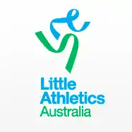 The logo of Little Athletics Australia. The logo looks like a person running made from two separate ribbon looking shapes (one is green, one is blue). The text says: "Little Athletics Australia"