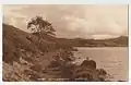 A 1920s postcard picture showing the route of the Pandora to Klondyke tramway along the shore of Llyn Geirionydd, before construction of the present road