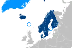 Member states shown in dark blue; and regions of member states shown in light blue.