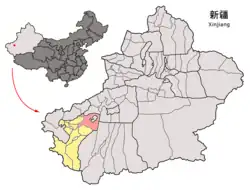 Location of the county (red) within Kashgar Prefecture (yellow) and Xinjiang