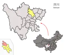 Location of Pingwu County (red) and Mianyang City (yellow) in Sichuan