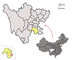 Location of Xingwen County (red) within Yibin City (yellow) and Sichuan