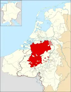 The Duchy of Brabant within the Seventeen Provinces of the Low Countries and the borders of the Holy Roman Empire (thick line)