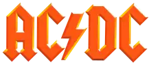 AC/DC's logo is shown in orange lettering with the AC separated from DC by a stylised lightning bolt.