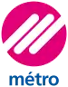 Pink circle with three diagonal white lozenges forming stylised letter 'm'